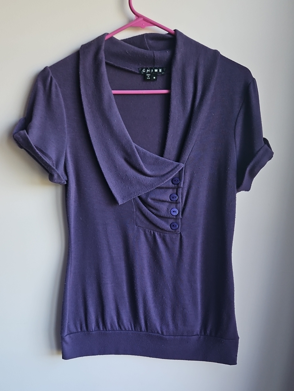 CHIME Plum Short Sleeve Button-Accent Top